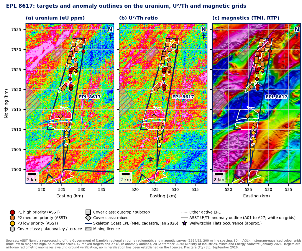 Figure 3. EPL 8617: the ranked targets and anomaly outlines on the (a) uranium (eU), (b) U²/Th ratio and (c) reduced to pole magnetic grids. The first priority cluster follows a north trending palaeovalley in a potassium low in the north of the licence; the western outline follows the magnetic and potassium fabric of the Valencia–Khan granite corridor.