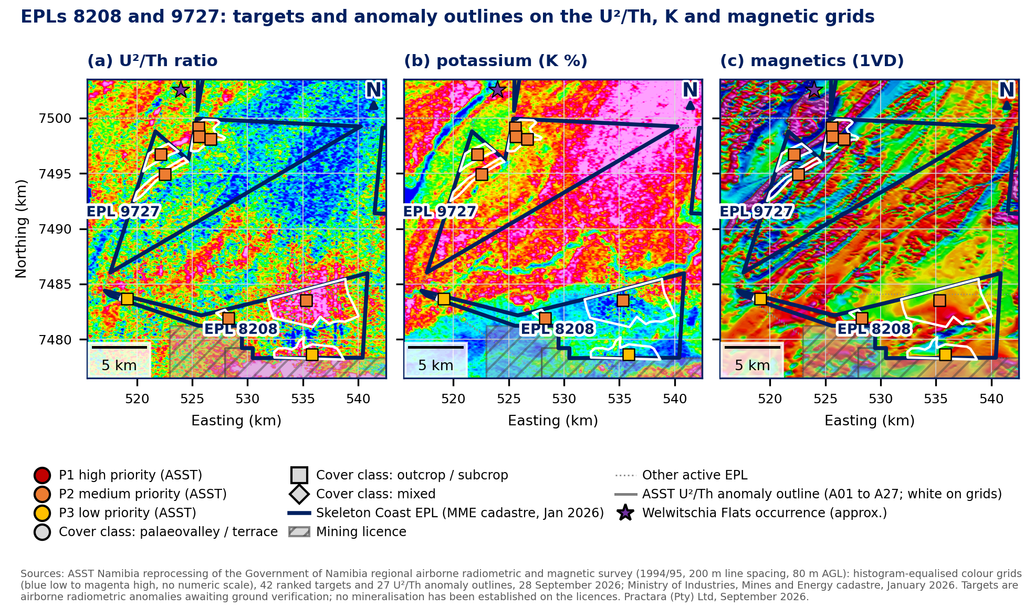 Figure 5. EPL 8208 and EPL 9727: the targets and anomaly outlines on the (a) U²/Th ratio, (b) potassium and (c) first vertical derivative magnetic grids. The Langer Heinrich mining licences (hatched) adjoin EPL 8208 to the south; the star marks the approximate position of the Welwitschia Flats surficial uranium occurrence north of EPL 9727. Airborne anomalies awaiting ground verification; no mineralisation has been established on the licences.