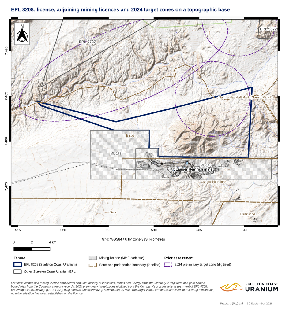 Figure 1. EPL 8208 with the adjoining Langer Heinrich mining licences (ML 140 and ML 172), the farm and Namib-Naukluft Park portion boundaries and the preliminary target zones of the Pointe Noire’s 2024 prospectivity assessment, on a topographic base (OpenTopoMap). The target zones are areas identified for follow-up exploration; no mineralisation has been established on the licence.